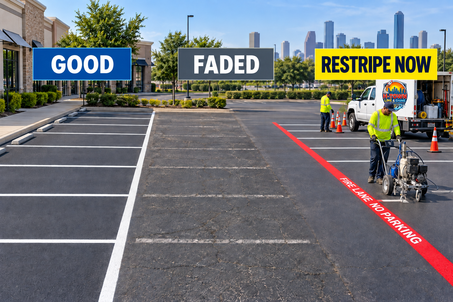 Houston parking lot striping comparison showing good lines, faded lines, and an H-Town Line & Shine crew painting a red fire lane