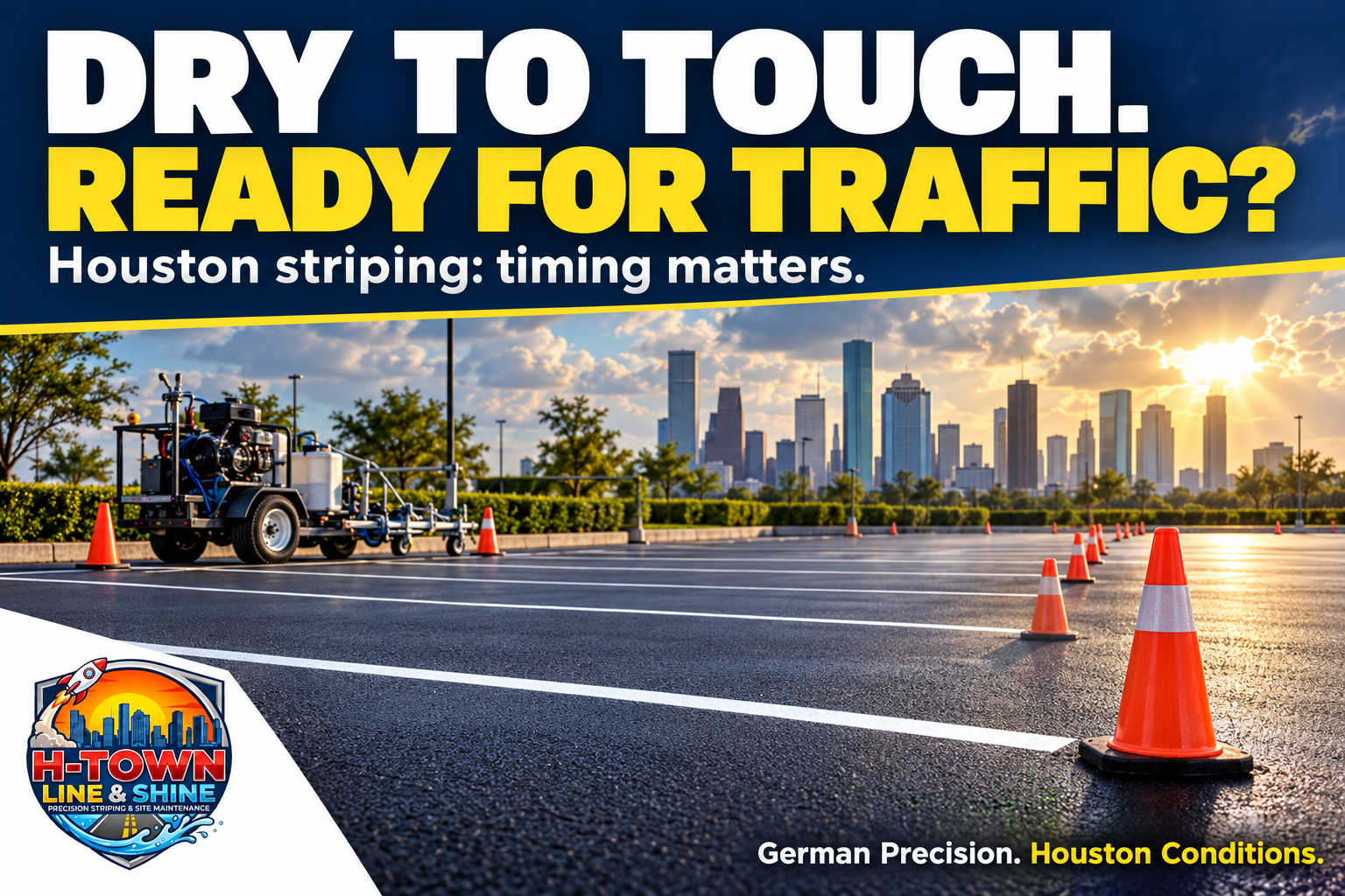 Generated illustration of fresh parking lot lines, cones and striping equipment against a Houston skyline, with text asking if dry-to-touch paint is ready for traffic.