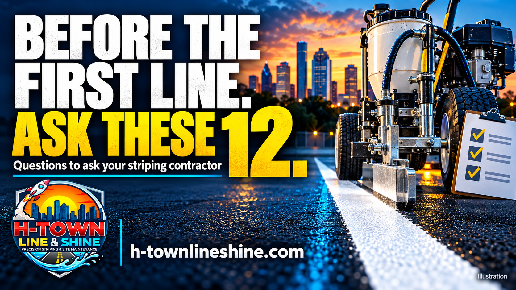 Before the first line, ask these 12: illustrated Houston striping contractor checklist with a striping machine and the H-Town Line & Shine logo.