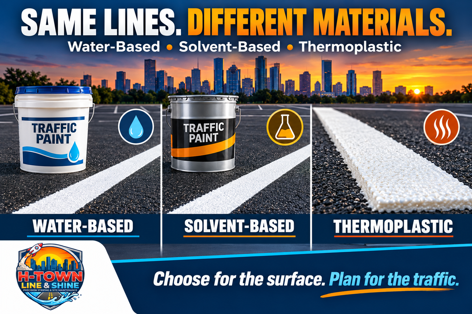 Illustrated comparison of water-based traffic paint, solvent-based traffic paint, and thermoplastic pavement markings with the Houston skyline.