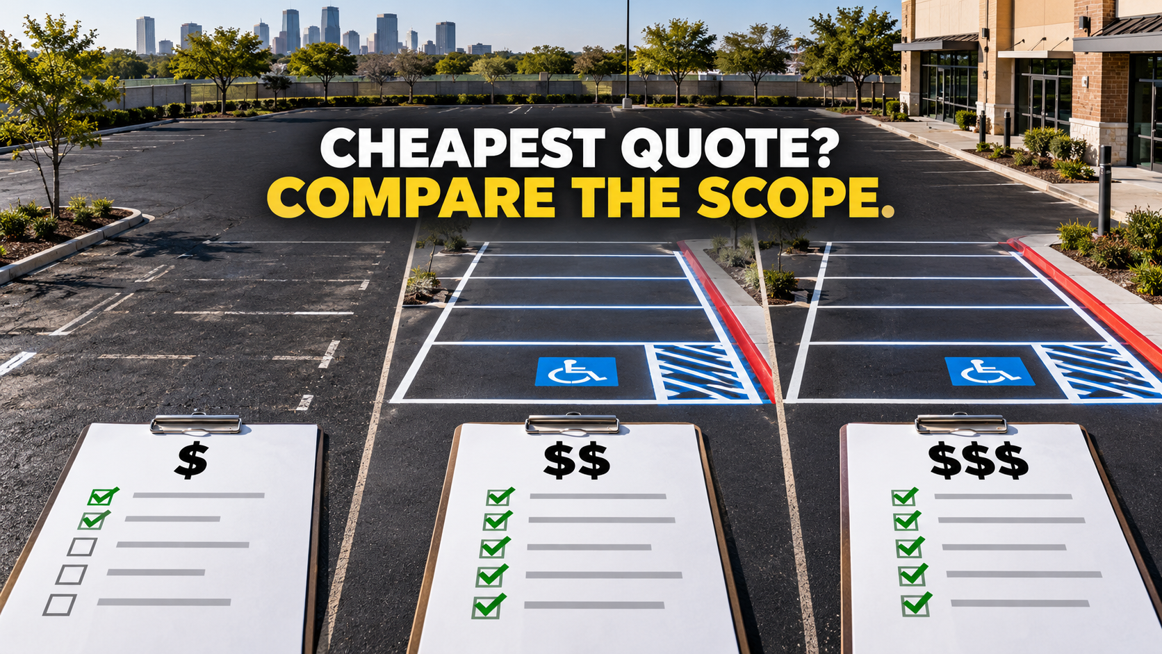 Three parking lot striping estimates compared by price and scope in Houston